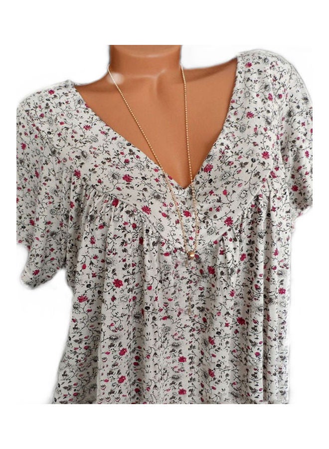 Floral Printed V-Neck Top Off White  - Image 2