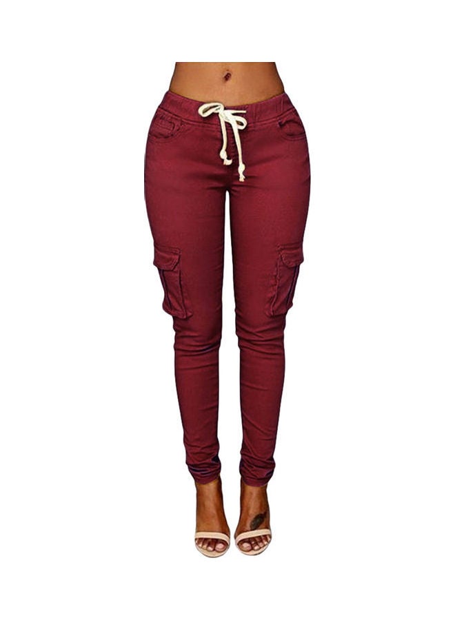 Solid Skinny Cargo Pants Wine Red