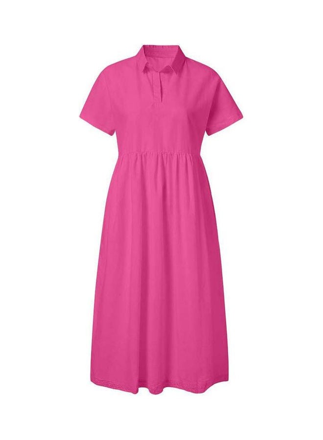 Solid Turn Down Collar Midi Dress Rose Red 