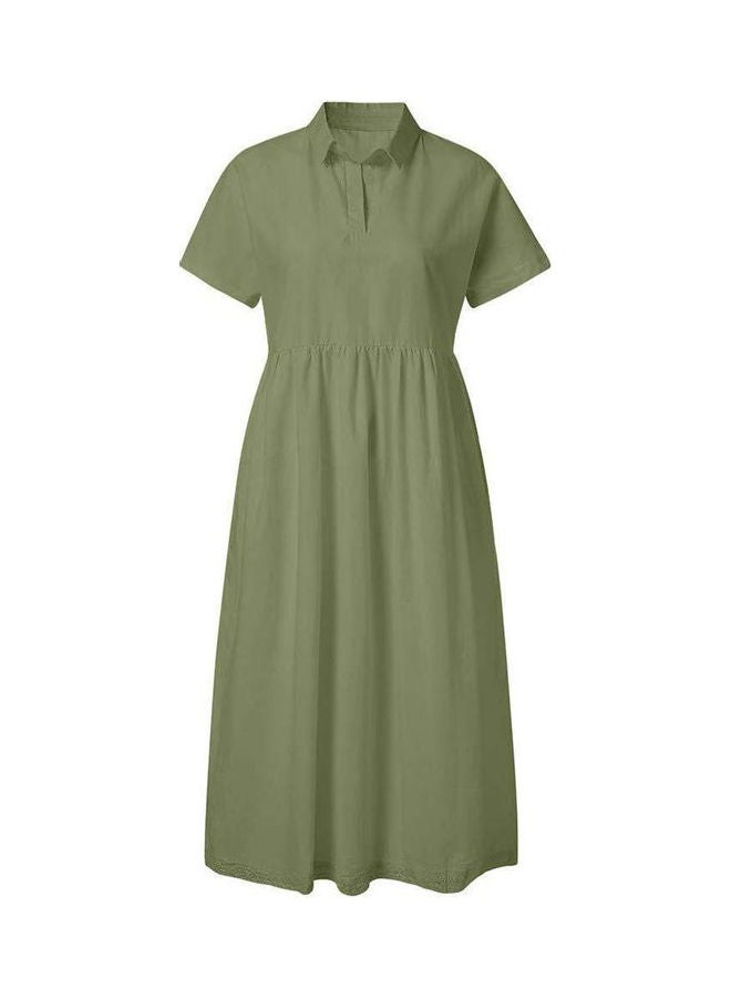 Solid Turn Down Collar Midi Dress Army Green 