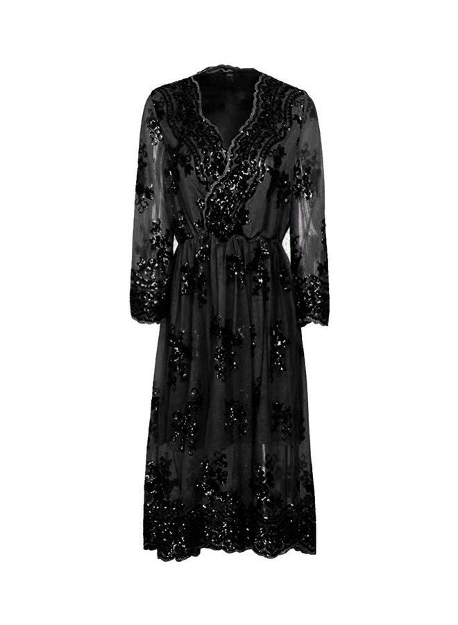 Sequin Mesh Midi Dress Black