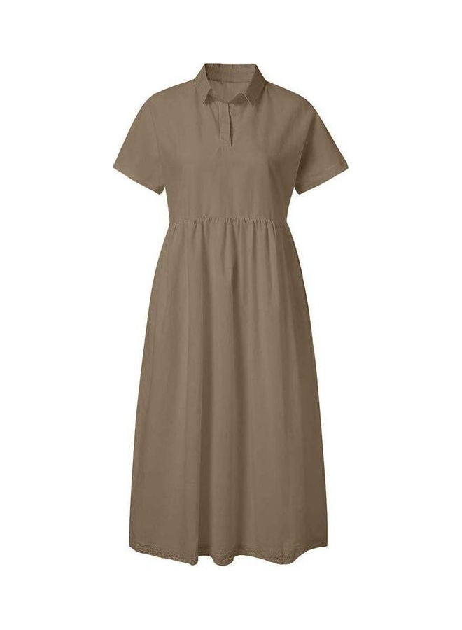 Solid Turn Down Collar Midi Dress Khaki 