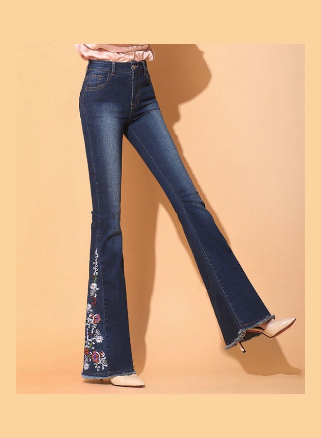 Embroidered Flare Jeans Dark Blue - Image 2