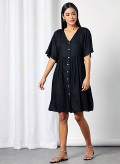 Buttoned V-Neck Dress Black - v1610622224/N31896555V_1