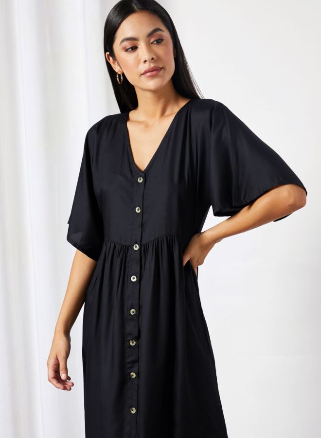 Buttoned V-Neck Dress Black - v1610622224/N31896555V_4