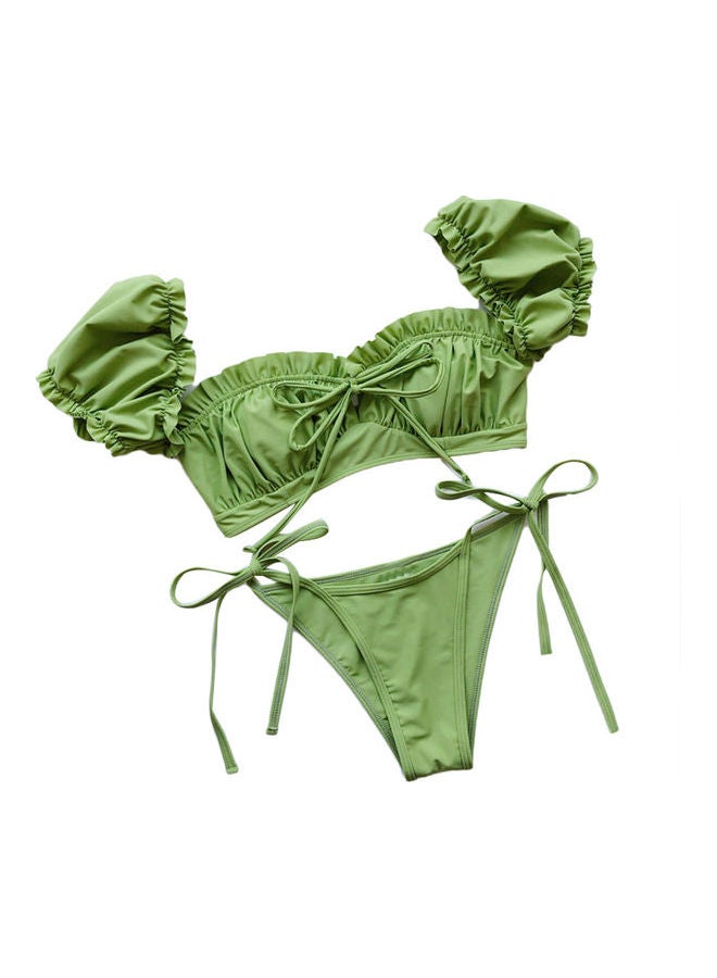 Women Short Sleeve Padded Bra Swimsuit Bikini Set Green  - Image 1