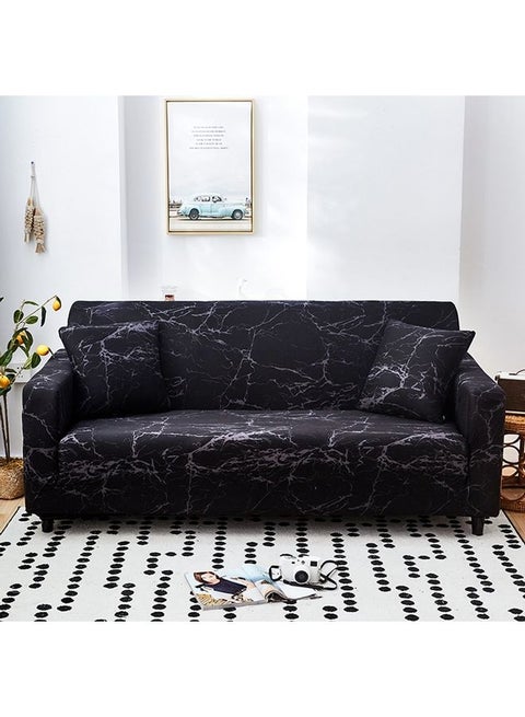 3-Seater Exquisitely Marble Pattern Designed Wrinkle-free Full Coverage Sofa Slipcover With 1xCushion Cover Black/Grey Length Stretch From 190 To 230cm