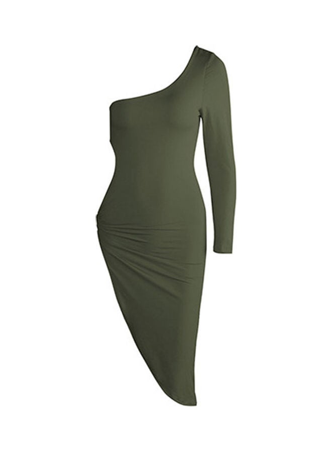 Women One Shoulder Side Slitting Hollow Midi Dress Army Green  - Image 1