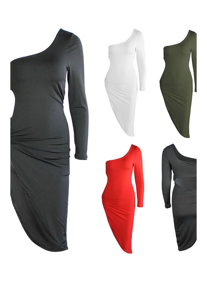 Women One Shoulder Side Slitting Hollow Midi Dress Army Green  - Image 2