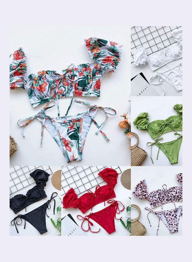 Women Short Sleeve Padded Bra Swimsuit Bikini Set Multicolour  - Image 2