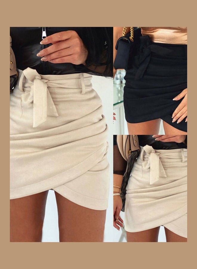 تنورة قصيرة للنساء بخصر مرتفع وحزام ملفوف من الأمام بيج - Image 2
