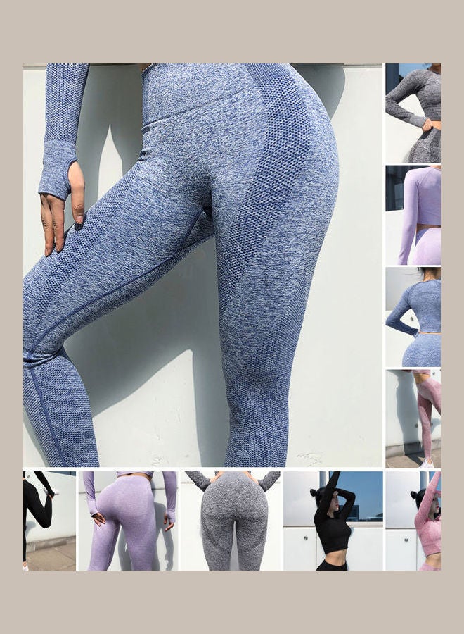 Women Seamless Leggings Yoga Pants T Shirt Top Blue  - Image 2