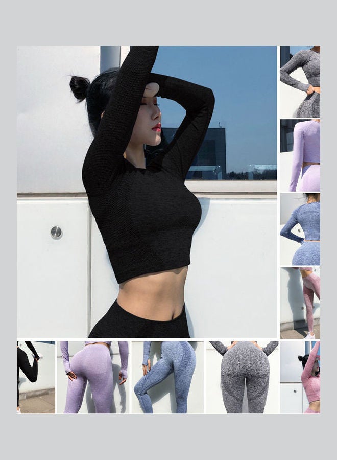 Women Seamless Leggings Yoga Pants T Shirt Top Blue  - Image 3