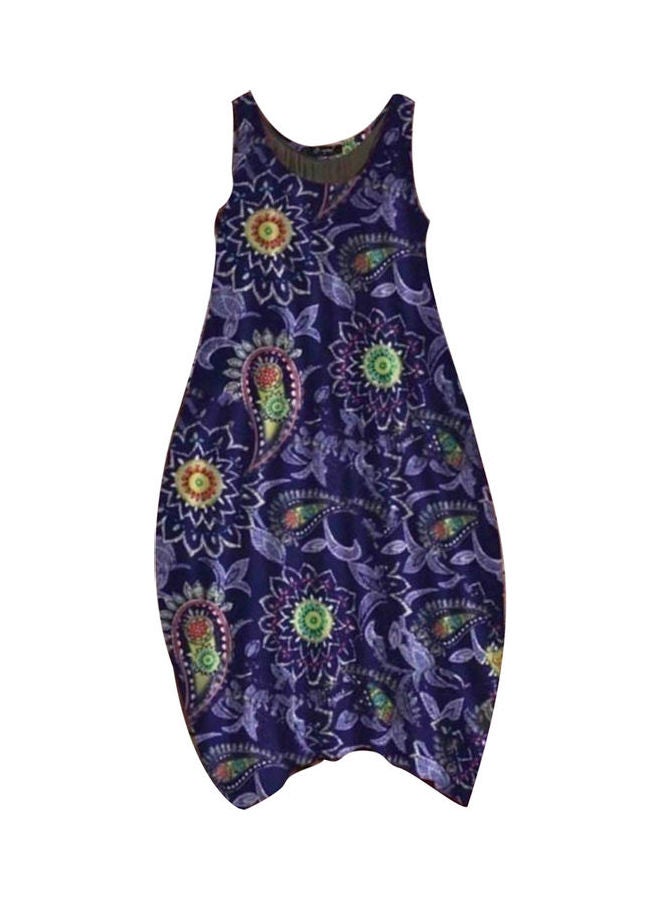 Vintage Women Sleeveless Floral Printed Loose Long Dress Navy Blue - Image 1