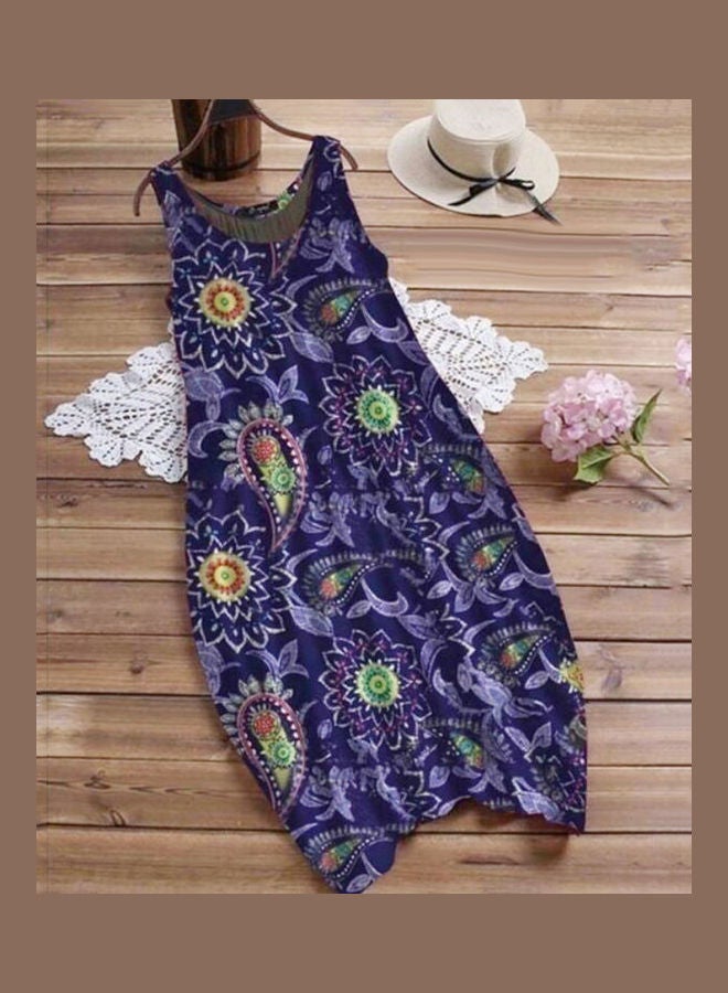 Vintage Women Sleeveless Floral Printed Loose Long Dress Navy Blue - Image 2