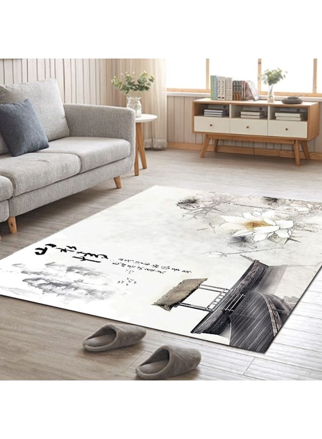 Lotus Flower Print Chinese Style Non-Slip Floor Mat Grey 120 x 160cm  - Image 2