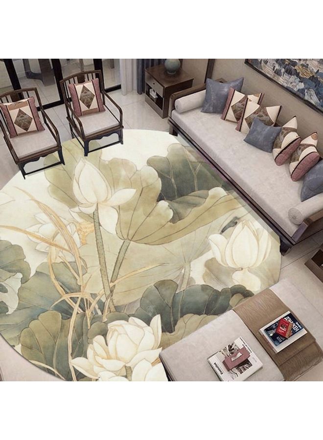 Lotus Print Round Rug Green/Beige 60cm  - Image 1