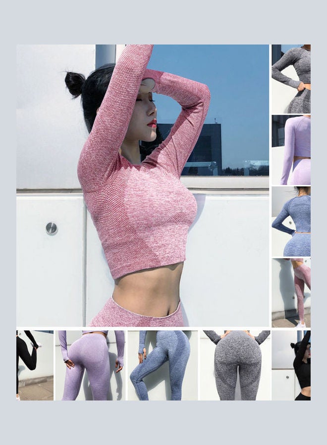 Women Seamless Leggings Yoga Pants Cropped T Shirt Top Red  - Image 2