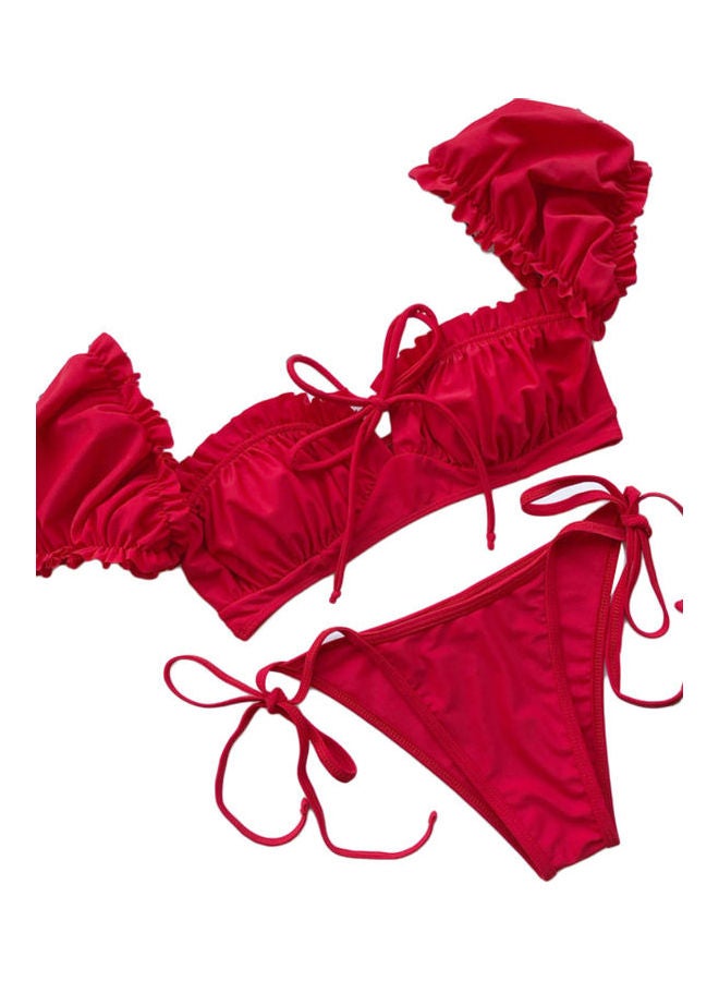 Women Short Sleeve Padded Bra Swimsuit Bikini Set Red  - Image 1