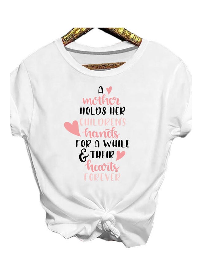 A Mother Holds Children Hands Letter Print T Shirt Top White  - Image 1