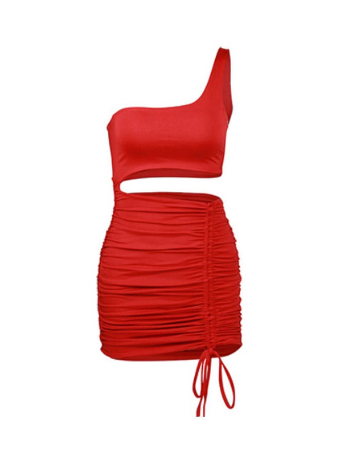 Women One Shoulder Hollow Out Bodycon Mini Dress Red 