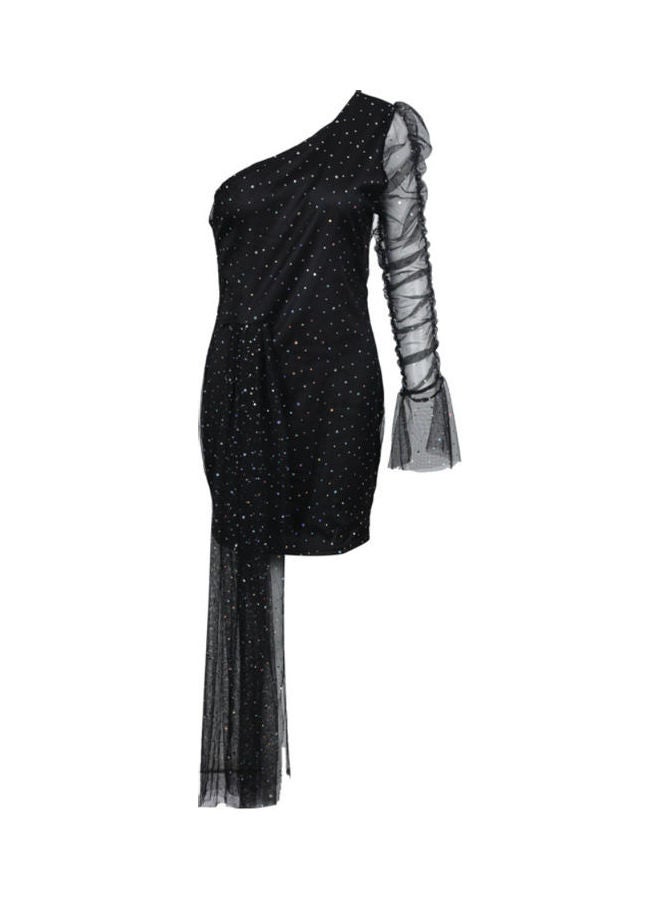 One Shoulder Long Sleeve Dress Black - Image 1
