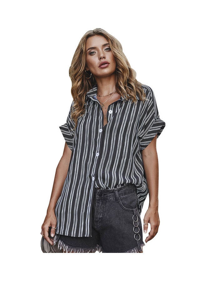 Women Short Sleeve Vertical Stripes Loose Shirt Black/White  - Image 1