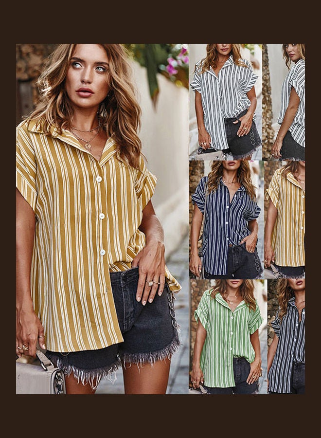 Women Short Sleeve Vertical Stripes Loose Shirt Black/White  - Image 2