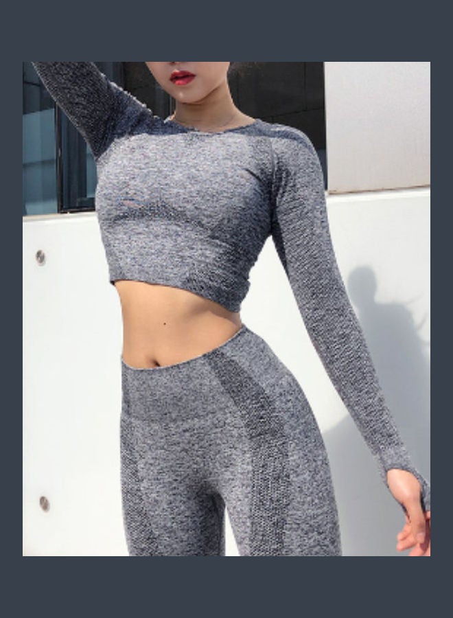Women Seamless Leggings Yoga Pants Cropped T Shirt Top Grey  - Image 4