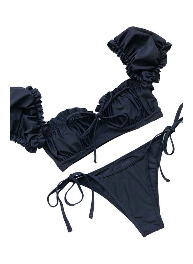 Women Short Sleeve Padded Bra Swimsuit Bikini Set Black 