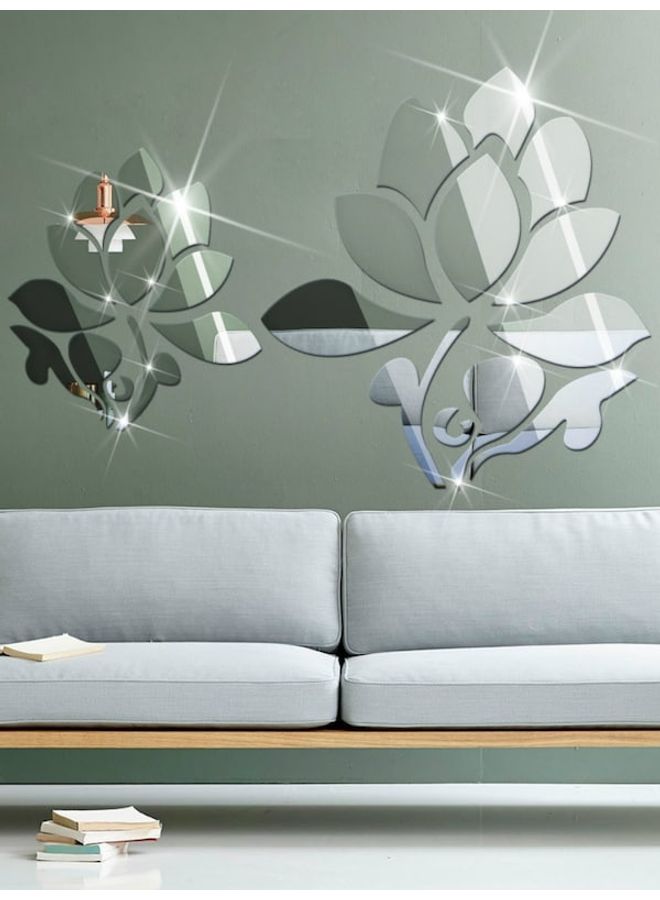 2-Piece Lotus Pattern Decorative Mirror Wall Sticker Set Silver 