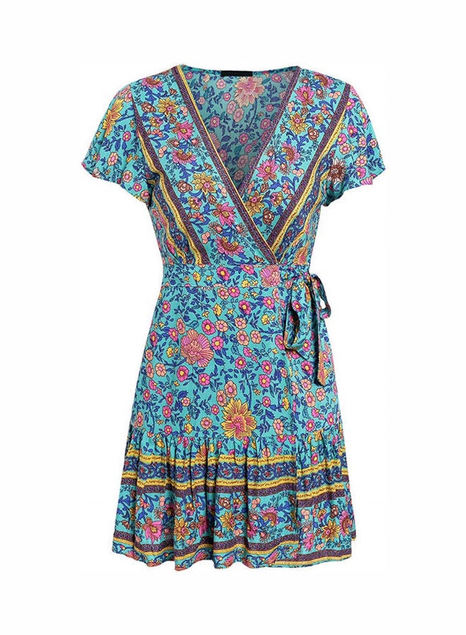 Floral Printed Bohemian Beach Dress Lake Blue/Pink/Yellow - Image 1