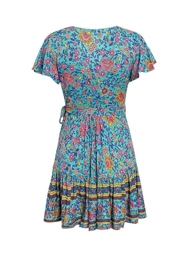 Floral Printed Bohemian Beach Dress Lake Blue/Pink/Yellow - Image 2