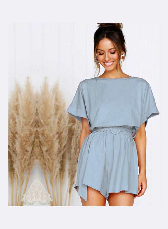 بدلة بلي سووت نسائية قصيرة من قطعة واحدة و بتصميم سادة أزرق فاتح - Image 2
