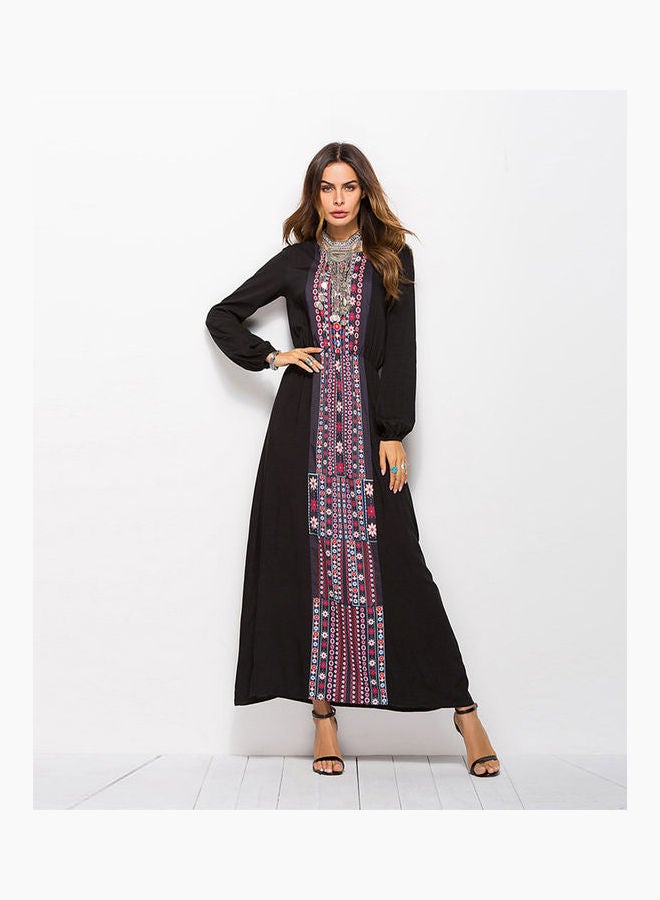 Embroidered Pattern Maxi Dress Black/Pink/White - Image 1