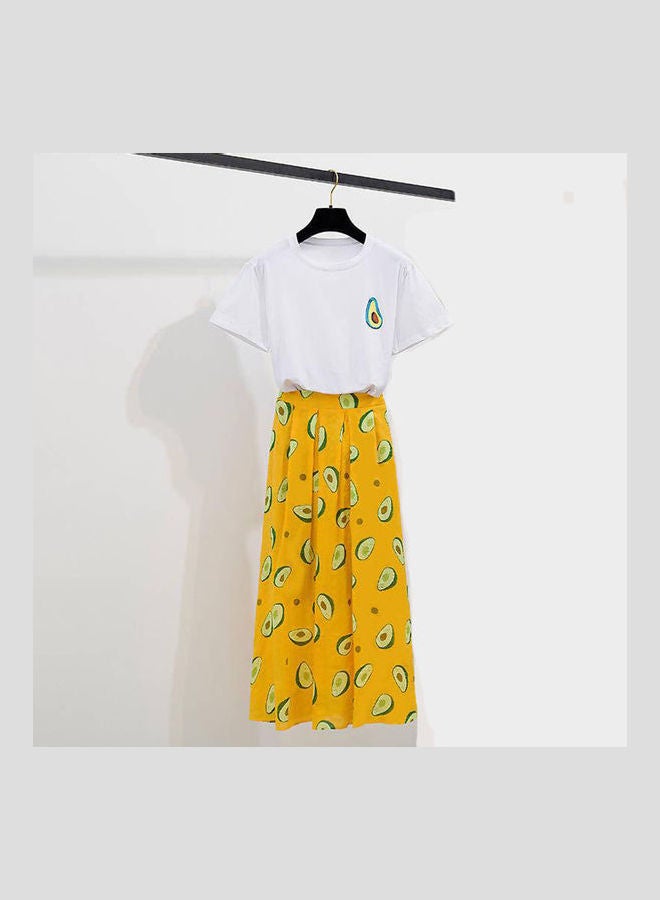 2-Piece Printed T-Shirt And Pleated Skirt Set Yellow/White/Green  - Image 1