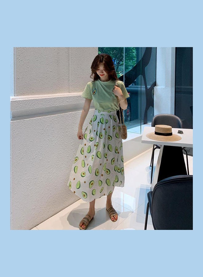 2-Piece Printed T-Shirt And Pleated Skirt Set Green/White/Brown  - Image 3