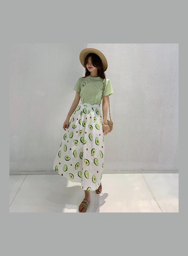 2-Piece Printed T-Shirt And Pleated Skirt Set Green/White/Brown  - Image 1