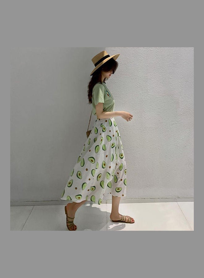 2-Piece Printed T-Shirt And Pleated Skirt Set Green/White/Brown  - Image 4
