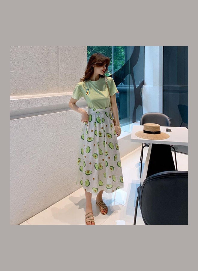 2-Piece Printed T-Shirt And Pleated Skirt Set Green/White/Brown  - Image 5