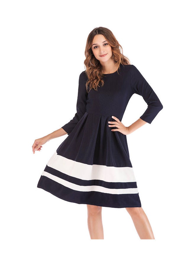 Striped Pattern A-Line Dress Dark Blue/White - Image 3