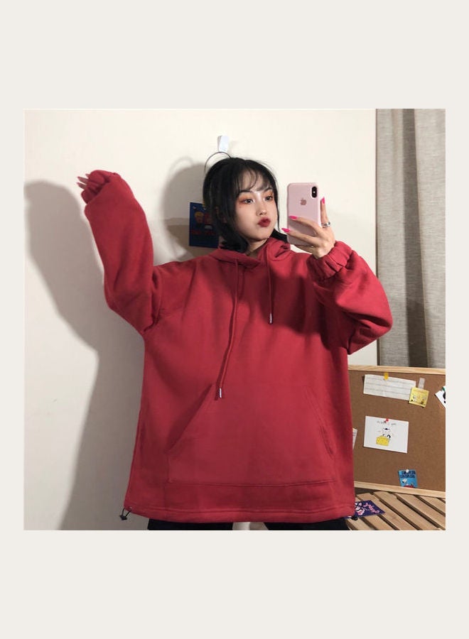 Solid Polyester Hoodie Red - Image 5