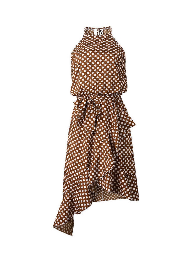 Polka Dot Printed Midi Dress Brown - Image 1