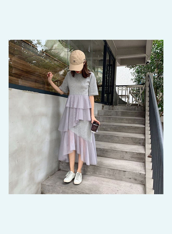 Solid Mesh Detail Layered Dress Grey - Image 1
