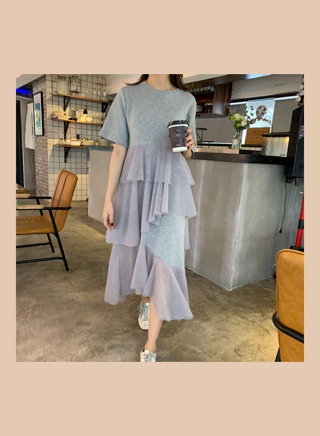 Solid Mesh Detail Layered Dress Grey - Image 2