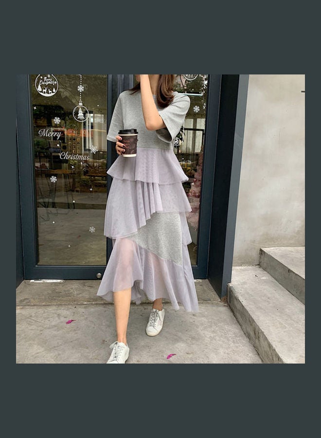 Solid Mesh Detail Layered Dress Grey - Image 4