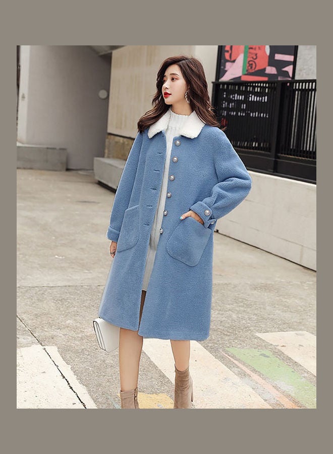 Solid Button Detailed Overcoat Blue - Image 3