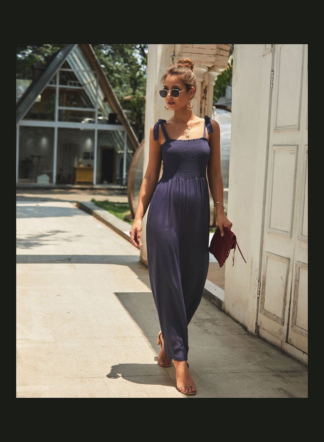 Solid Tie Up Jumpsuit Dark Blue - Image 2