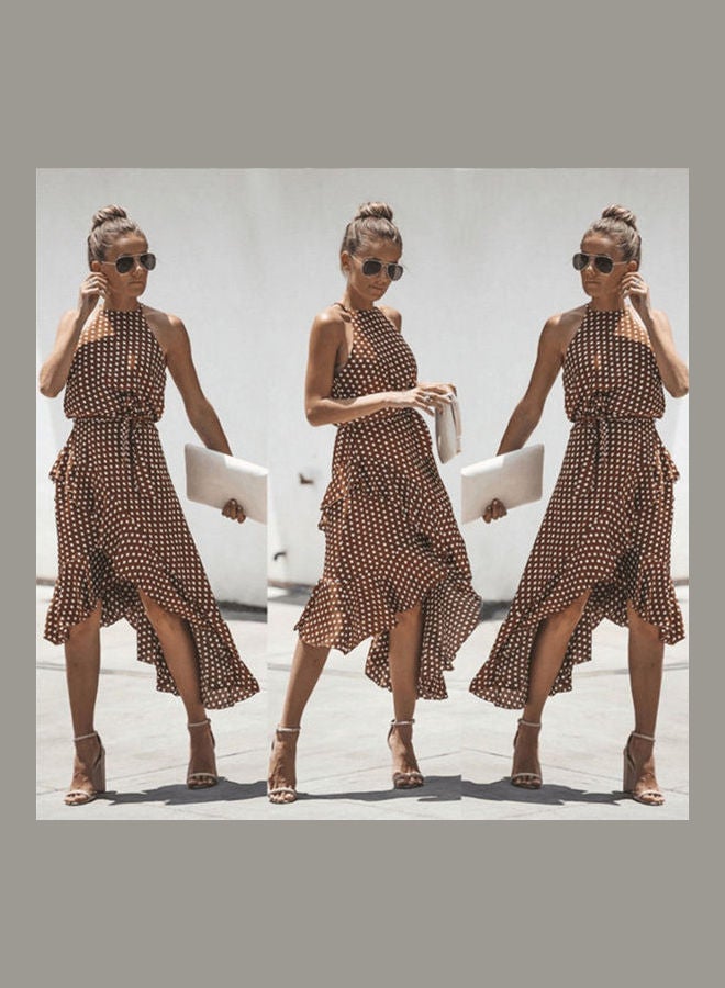 Polka Dot Printed Midi Dress Brown - Image 2