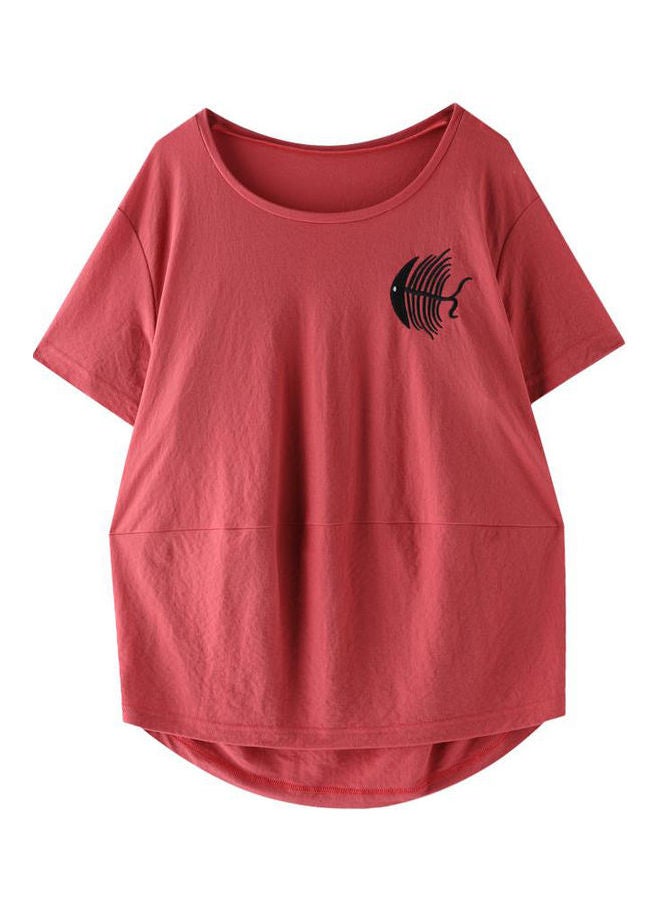 Summer Short-Sleeved Embroidery T-Shirt Watermelon Red - Image 1